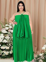 Plus size Dresses Green Summer Halter Sleeveless Loose Pleated Beach Vacation Gowns Stylish Size 3XL 4XL Oversized Women Outfits 230130