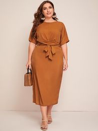 Plus size Dresses Size Women Summer Short Sleeve Bow Tie Waist Slim Bodycon Pencil Maxi Long Ladies Office 230130