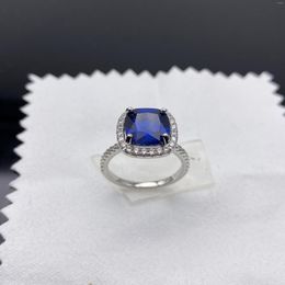 Cluster Rings European Fashion 925 Sterling Silver Exquisite Ring Platinum Square Dark Blue Crystal Women's Jewelry Gifts