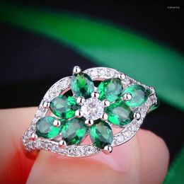 Wedding Rings Emerald Green Cubic Zirconia Flower For Women Engagement Jewelry Cocktail Party Band