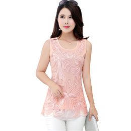 Women's TShirt Sleeveless Vest Chiffon Blouse Lace Patchwork Shirt Ladies Mediumlong Tops Sequin Summer Woman Plus size Elegant Shirts A2758 230131