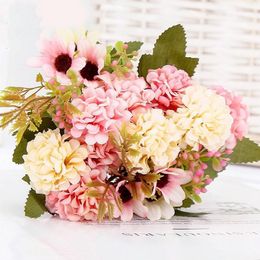 Decorative Flowers Pink Rose Artificial Hydrangea Branch Fake Bridal Bouquet For Wedding Home DIY Decoration Party Supplies