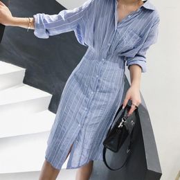 Casual Dresses Autumn Women Dress Korean Style Slim Waist Striped Shirt Long Sleeve Knee Length Ladies Elegant Midi Vestidos Dresse