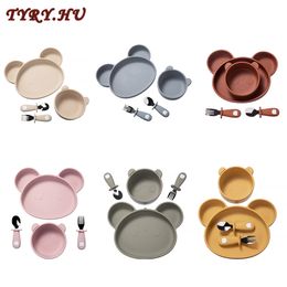 Cups Dishes Utensils TYRY.HU 4Pcs/set Baby Silicone Dishes Dining Bowls Cartoon Panda Shaped Tableware Baby Feeding Plates Bowl Fork Spoon BPA Free 230130