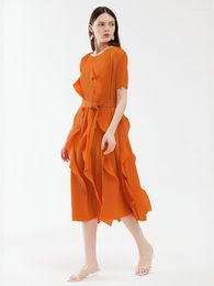Party Dresses TIANPEI Pleated Wave Lace Orange Swing Dress 2023 Summer Designer Causal Loose Aesthetic Clothes