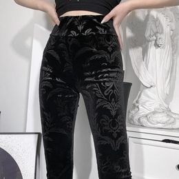 Women's Pants Mall Goth Flocking Velvet Women Dark Gothic Harajuku Streetwear 90sSlim Aesthetic High Waist Skinny Leggings Punk