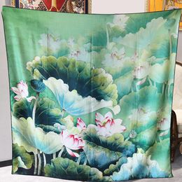 Scarves High-end Elegant Women's Exquisite Lotus Moonlight Double-sided Printing Quality Silk Wool Hand-rolled Edge Large Scarf Shawl