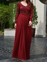 Shining Sequins Burgundy Mother of the Bride Dresses V-Neck Long Sleeves Party Dress