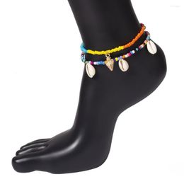 Anklets Simple 2 Layers Anklet Set Colorful Glass Beads Sand 2pcs Ankle Jewelry Shell Pendant Footchain Accessories For Women