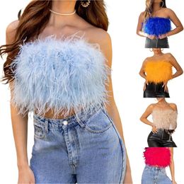 Women's Tanks & Camis Y2k T-shirt Artificial Fur Feather Vest Solid Colour Furry Decoration Sleeveless Off Shoulder Backless Slim