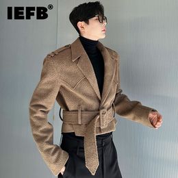 Men's Suits Blazers IEFB Autumn Winter Thickened Designer Short Woollen Belt Men Jacket Coat Solid Colour Korean Fashion Male Tops 9A6200 230130