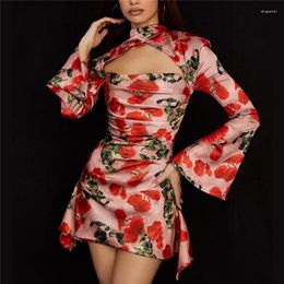 Casual Dresses Floral Print Bodycon Mini Dress Women Long Sleeve Hollow Out Backless Sexy Satin Cut Party Night Club Women's Clothing