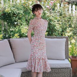 Ethnic Clothing 2023 Chinese Cheongsam Summer Women Floral Printing Puff Sleeve Fishtail Design Skirt Pink Sweet Girls Improved Version