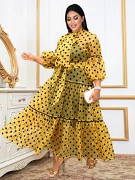 Plus size Dresses A Line for Ladies High Neck Lantern Sleeve See Through Dot Ball Gowns Outfits Size Curvy Women Evening Party Autumn 230131