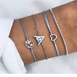 Link Bracelets Pack Of 4 Inspired Bangle Bracelet With Hollow Heart /map And Faux Stone Triangle Design In Mixed Chains