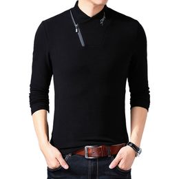 Men's T-Shirts BROWON Brand Style Cotton -shirt Long Sleeve Men Solid Color Zipper Print Collar Oversized 230131