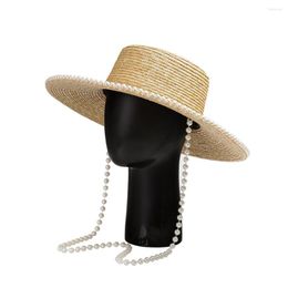 Wide Brim Hats King Wheat Jazz Top Flat Roof Pearl Chain Decorate Straw Women's Sun Beach Casual Outdoor Breathable Summer Stage Cap
