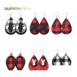 Charm Christmas Tree Pu Leather Earring Red Plaid Sequin Lattice Water Drop Deer Head Ear Jewellery For Women Delivery Earrings Otfkw