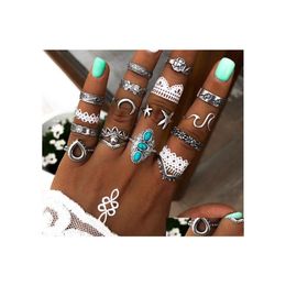 Band Rings Fashion Jewellery Knuckle Ring Set Vintage Flower Moon Carving Midi Sets 16Pcs/Set Drop Delivery Dheps