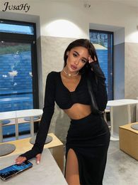 Two Piece Dress JuSaHy Elegant Solid Black Women's Two Pieces Sets Long Sleeves Crop Top High Waist Side Slit Skirts Matching Streetwear 230130
