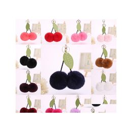 Keychains Lanyards Cute Cherry Key Chain Pendant Leaf Keyring Faux Rabbit Fur Ball Pompom Fruit Women Bag Charms Jewellery 15 Styles Dh6G8