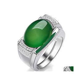 Solitaire Ring Luxury Ethnic Style Domineering Mens Green Agate Retro Chalcedony Open Simple Fashion Jewellery Trend Adjustable Size B Dhhrk