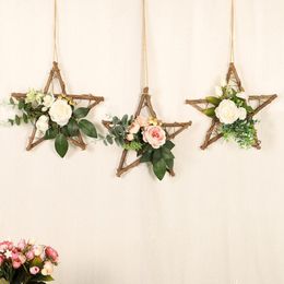 Decorative Flowers & Wreaths Star-Shaped Wooden Frame Artificial Garland Pendant Faux Floral Hanging Wreath For Wall Window Wedding Home Par