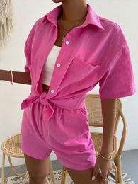 Women's Two Piece Pants Sexy Turndown Collar Button Shirt Shorts 2pcs Outfits Summer Short Sleeve Cotton Women Sets Spring Solid Simple Bow Suit 230131