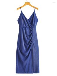 Casual Dresses YENKYE Women Spaghetti Strap Hem Slits Draped Sexy Dress Vintage Blue Ladies Club Party Summer Vestido