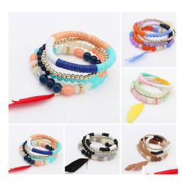 Charm Bracelets Charms Bohemian Feather Bracelet Elastic Force Line Resin Beaded Bdehome Drop Delivery Jewelry Dh8S6
