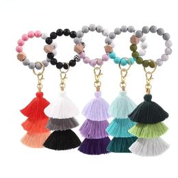 Silicone Beads Bracelet Keychain Three Layer Cotton Tassel Wrist Keyring Bead Bangle Key Ring Women Bag Pendant Decoration bb0131