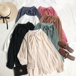 Women's TShirt Spring Autumn Women Casual Loose Blouse Sweet VNeck Tie Bow Chiffon Blouses Female All Match Long Sleeve Shirt Tops AB1857 230131