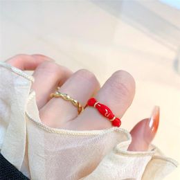 Wedding Rings 2023 Korean Red Drop Glazed Bamboo Knot Adjustable Ring Small Design Simple Temperament Elegant Banquet Jewellery Gift