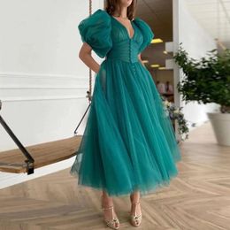 Party Dresses Simple Dark Green Tulle Prom Dress Ankle Length Deep V-neck Puff Short Sleeve Gown 2023 Long Draped Elegant Evening