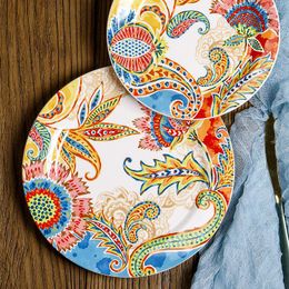 Plates Creative Ceramic Dinner American Western Steak Flat Plate Underglaze Color Bohemian Style Kitchen Tableware 9/11 Inch