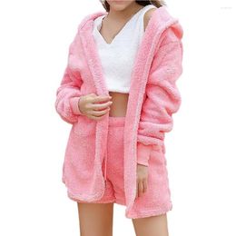 Women's Tracksuits 1 Set Women Homewear Sexy Keep Warm Long-sleeved Fashion 3-piece Hooded Cardigan Navel Vest Shorts Suit Matching Sets For