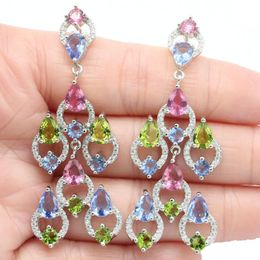 Dangle Earrings & Chandelier 60x23mm Multi Colour Pink Tourmaline Peridot Violet Tanzanite CZ Women Silver Eye Catching