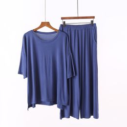 Women's Plus Size Tracksuits 7XL 150KG Modal Pyjamas Sets Summer Short Sleeve Top and CalfLength Pants Soft Sleepwear Suit 230130