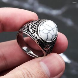Cluster Rings Fashion Vintage Engraved Ring For Men Unique Punk Biker Stainless Steel White Stone Women Jewellery Gift Drop