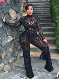 Women's Plus Size Pants Womens Jumpsuits and Rompers Long Sleeve Sexy Transparent Lace Jumpsuit Club Outfit Black Wholesale Drop 230131