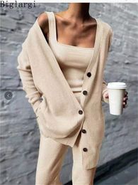 Women's Tracksuits Spring Autumn Casual 3 Piece Set Loose Knitted Cardigan And Vest Pant Sets Modis Fashion Ladies Knit Pants Suit 230131