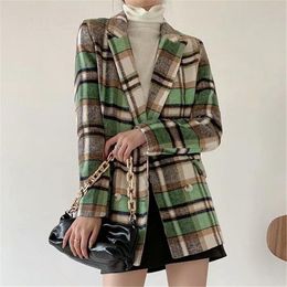 Women's Suits & Blazers Elegant Women Green Plaid Woollen Coats 2023 Fashion Ladies Double Breasted Streetwear Female Chic Pocket JacketWomen