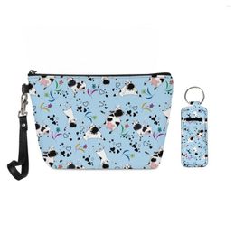 Cosmetic Bags High Quality Kawaii Cow Print Women Toiletry Bag Makeup Durable Storage Wristband Keychain Lipstick Case