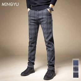 Men's Pants in Autumn Winter Classic Plaid Work Stretch Pants Men Business Straight Fit Grey Black Blue Korea Thick Casual Trousers Male 230131