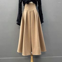 Skirts Winter Wool Long Skirt Women High Waist Splicing Black Khaki Pleated Midi With Zipper