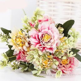 Decorative Flowers 1 Bouquet Parran Dahlia Artificial Peony Rose Silk Fake Flores Wedding Flower DIY Home Garden Party Decoration