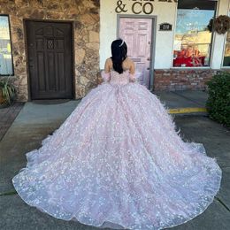 2024 Sweetheart Pink Quinceanera Dresses Tulle Beading Feather Long Sleeve Party Dresses Appliques Lace Up Prom Gown