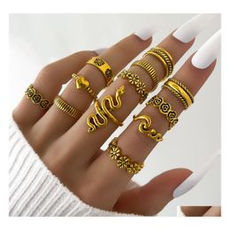 Band Rings Fashion Jewellery Vintage Gold Flower Snake Heart Geometric Stacking Midi Sets 12Pcs/Set Drop Delivery Ring Dhhji