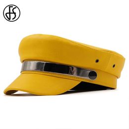 Berets FS Trendy Yellow PU Leather Beret Breathable Winter Hat For Women Leisure Streetwear Mature Sboy Hats Boina Mujer 2023