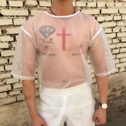 Men's T Shirts Man Boy O Neck Short Sleeve See Through Transparent Clear Shirt Gothic Harajuku High Street Sexy Costumes Club Bar